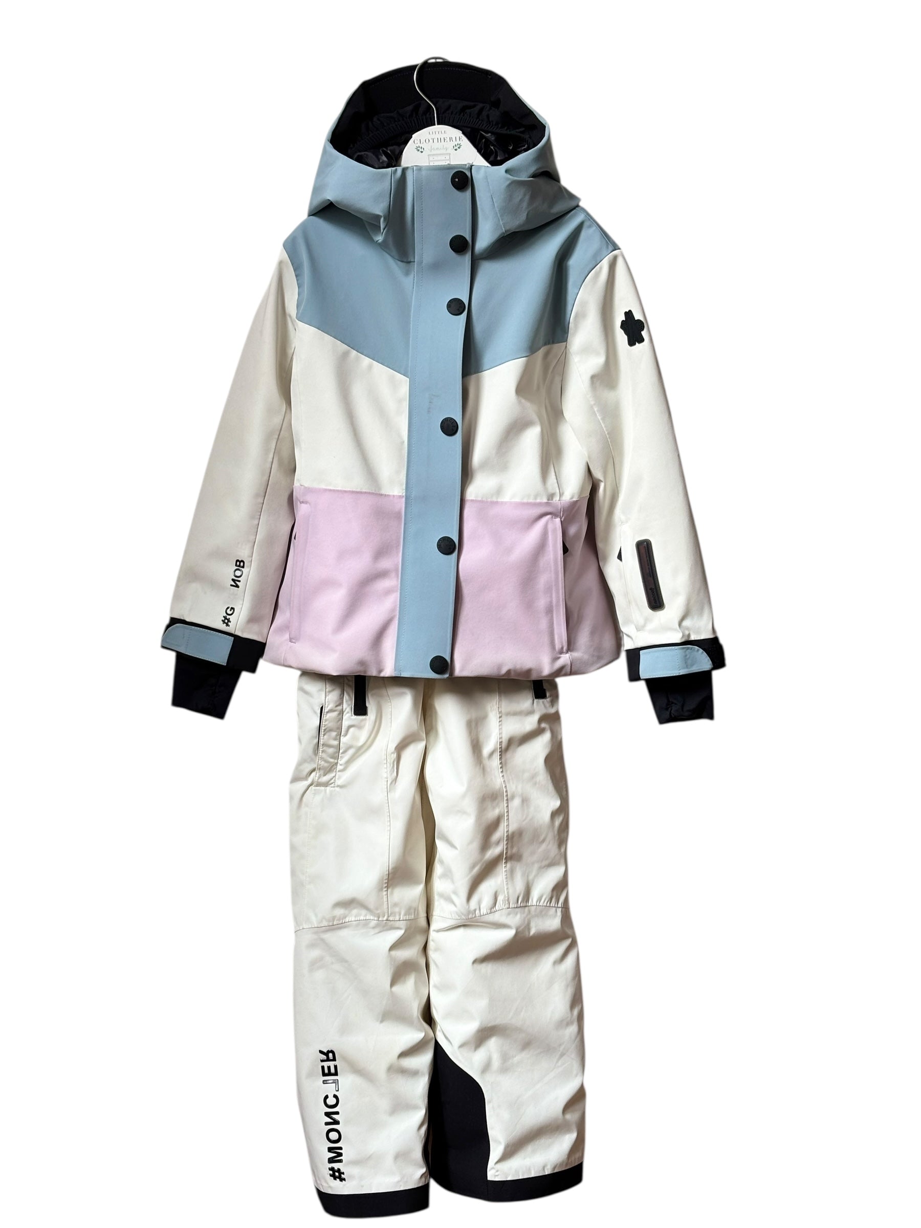 Tenue de ski Moncler blanche, bleu et parme, 6 ans