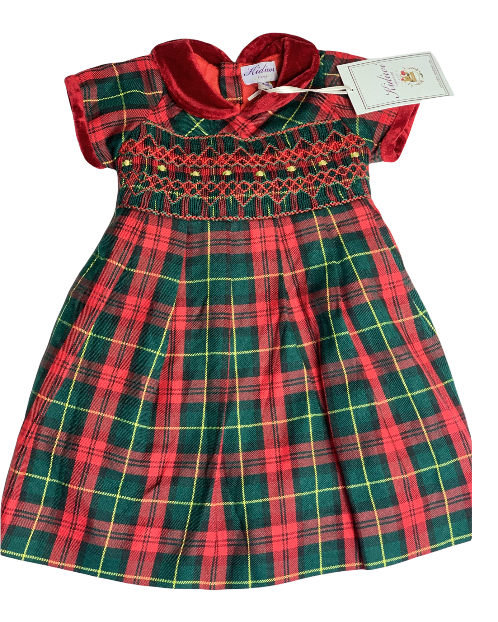 Robe KIDIWI à smocks tartan rouge vert 12 mois