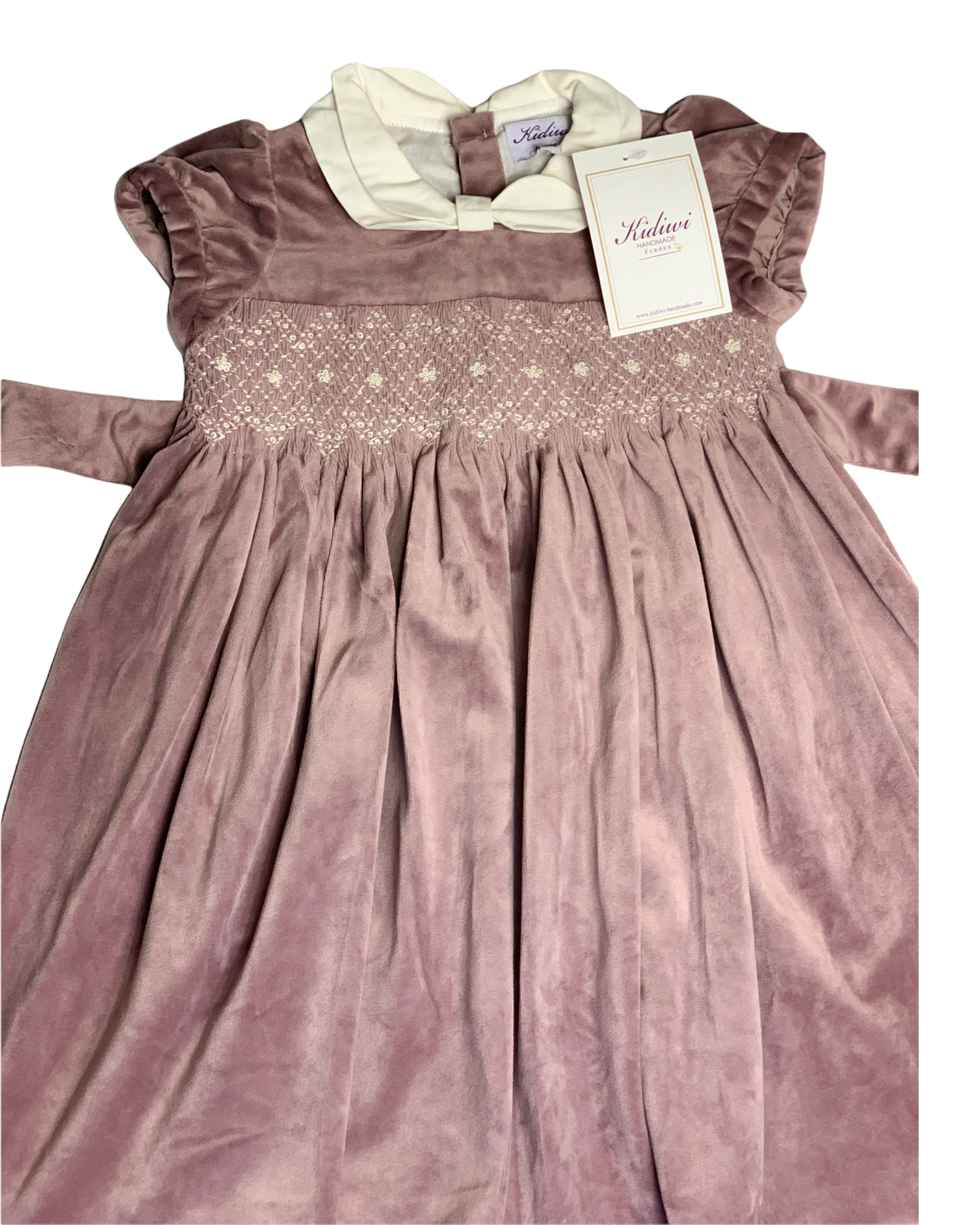 Robe KIDIWI à smocks velours vieux rose 12 mois